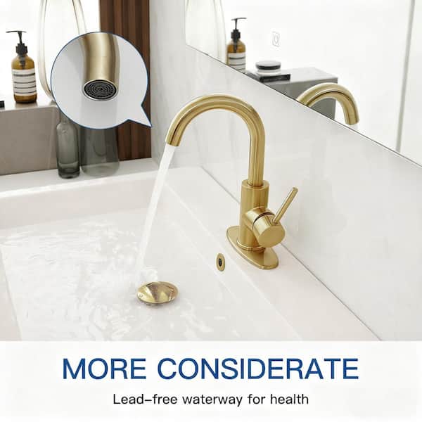 Single Hole Single-Handle Mid Arc Bathroom Faucet With Swivel Spout in Brushed Gold
