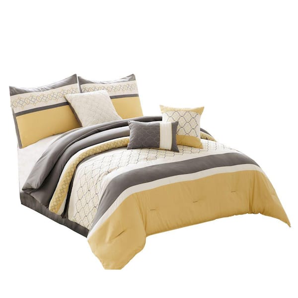 Benjara Quatrefoil 7-Piece Yellow and Gray Solid Print Microfiber Queen Comforter Set