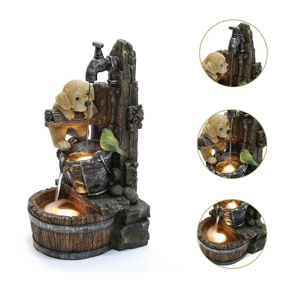 Farmhouse Brown Resin Fountain with Puppy and Bird Scene