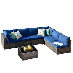 Arctic 7-Piece Wicker Outdoor Sectional Set with Navy Blue Cushions