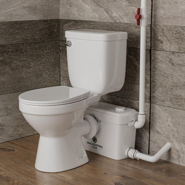 600W Macerating Toilet System, 16.5 in. 2-Piece 1.6 GPF Round White Toilet, 3-Inlet Macerator Pump and 2 Extension Pipes