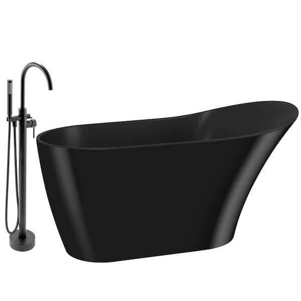 AKDY 53.9 in. Fiberglass Flatbottom Freestanding Bathtub with Tub Filler Combo in Solid Matte Black Inside and Outside