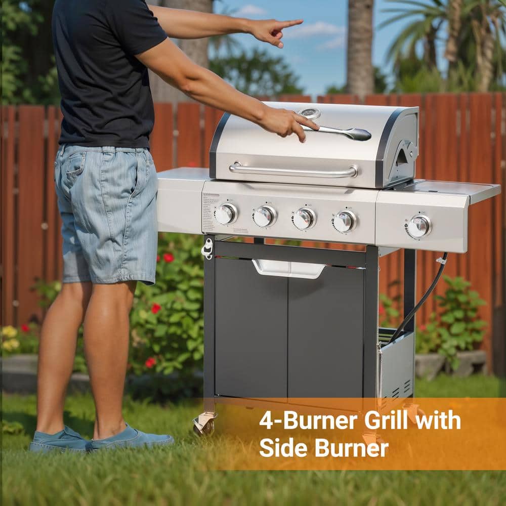 4-Burner Stainless Steel Propane Grill with Side Burner and Cover