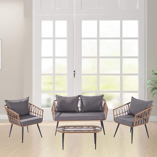 Afoxsos 4-Piece Wood Frame Rattan Outdoor Garden Sectional Sofa Set with Cushions -Dark Gray