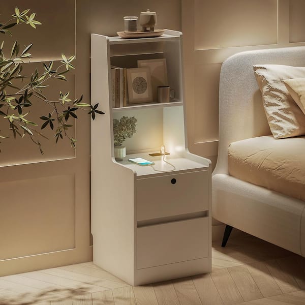 J&E Home 32.64 in. H White Storage Cabinet with Smart Nightstand, Bookshelf, Charging Station