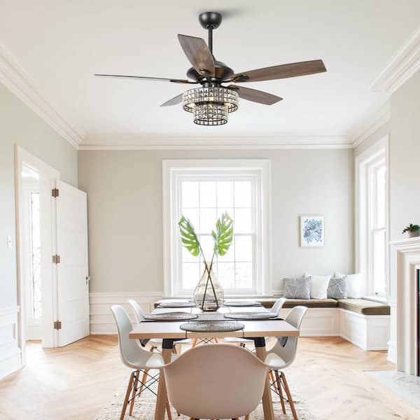 Rafferty 52 in. Modern Indoor Black Dual Crystal Ceiling Fan with Light Kit and Remote Control