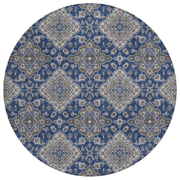 Chantille Machine Washable Indoor/Outdoor Abstract ACN3104 Navy 8 ft. x 8 ft. Round Rug