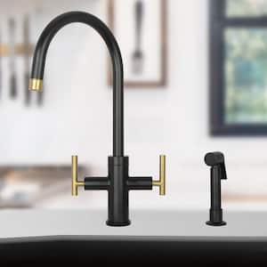 2-Handles Standard Kitchen Faucet with Side Spray in Black and Gold