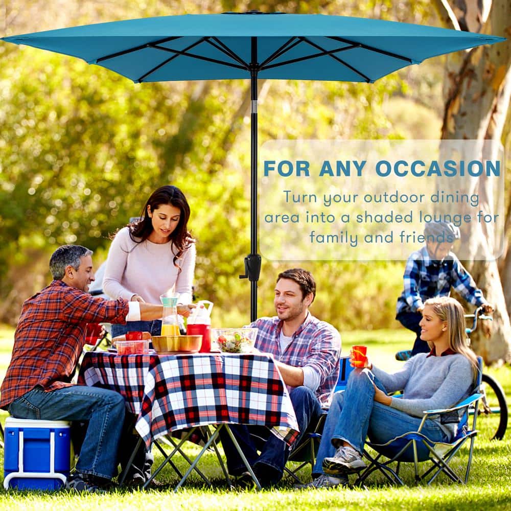 Teal Rectangular Steel Patio Umbrella with Tilt and Crank Lift