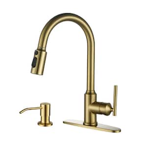 Single-Handle Pull Down Sprayer Kitchen Faucet with Advanced Spray and Soap Dispenser in Brushed Gold