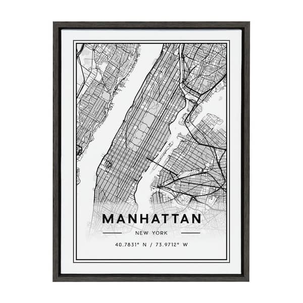 Kate and Laurel Sylvie Manhattan Modern Map by Jake Goossen Framed Canvas Maps Art Print 18 in. x 24 in.