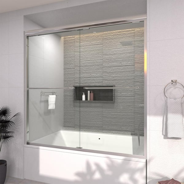 60 in. W. x 56 in. H Sliding Semi Frameless Tub Door in Chrome Finish with Clear Glass