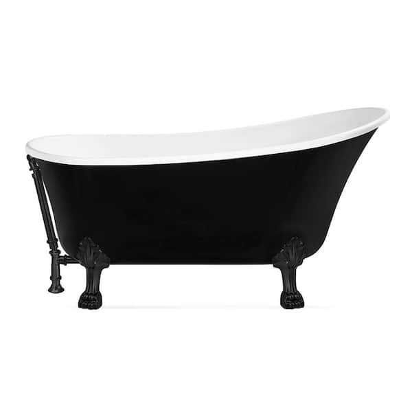 Streamline 59 in. Acrylic Clawfoot Non-Whirlpool Bathtub in Glossy Black With Matte Black Clawfeet And Matte Black Drain