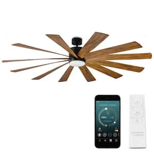 Windflower 80 in. Smart Indoor/Outdoor 12-Blade Ceiling Fan Matte Black Distressed Koa with 3000K LED and Remote Control