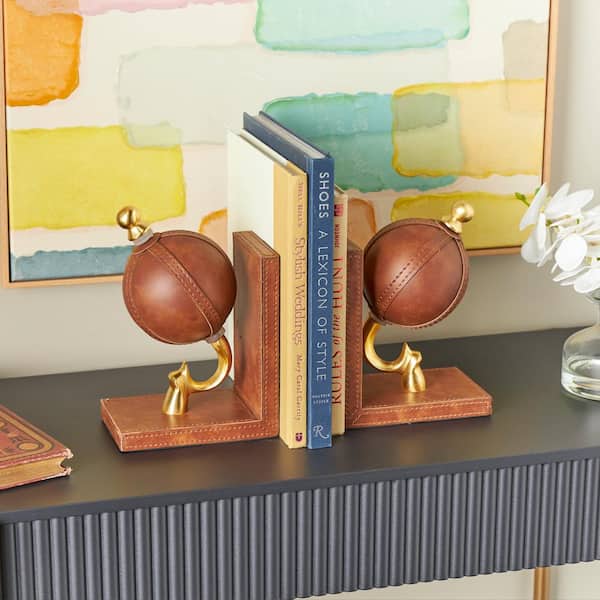Litton Lane Brown Leather Stitched Globe Bookends with Brown Wood Base (Set of 2)