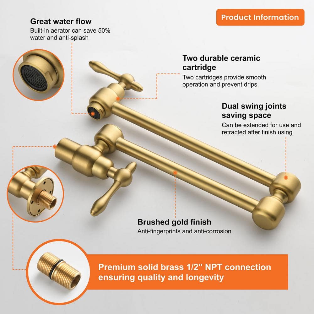 Brushed Gold Brass Double Handle Wall Mount Pot Filler Faucet