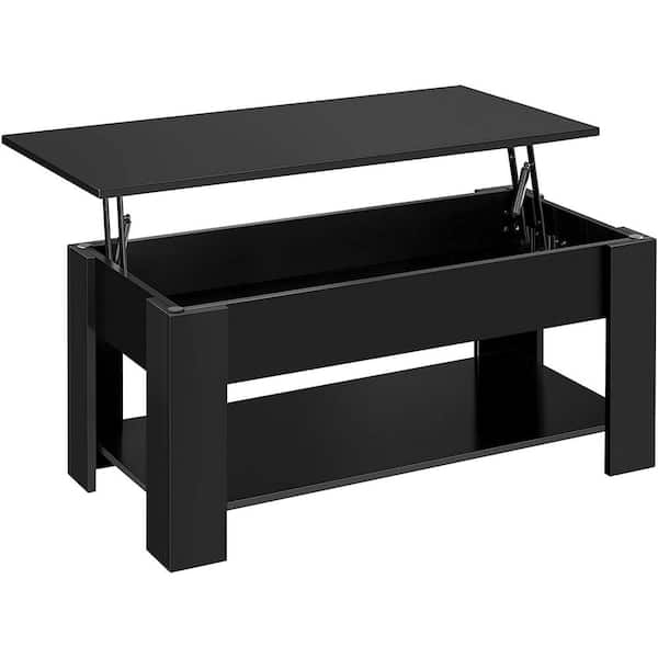 ULSMVOC SMT 38.6 in. Painted Black Modern Rectangle Lift Top Wooden Coffee Table with Hidden Compartment and-Storage Shelf