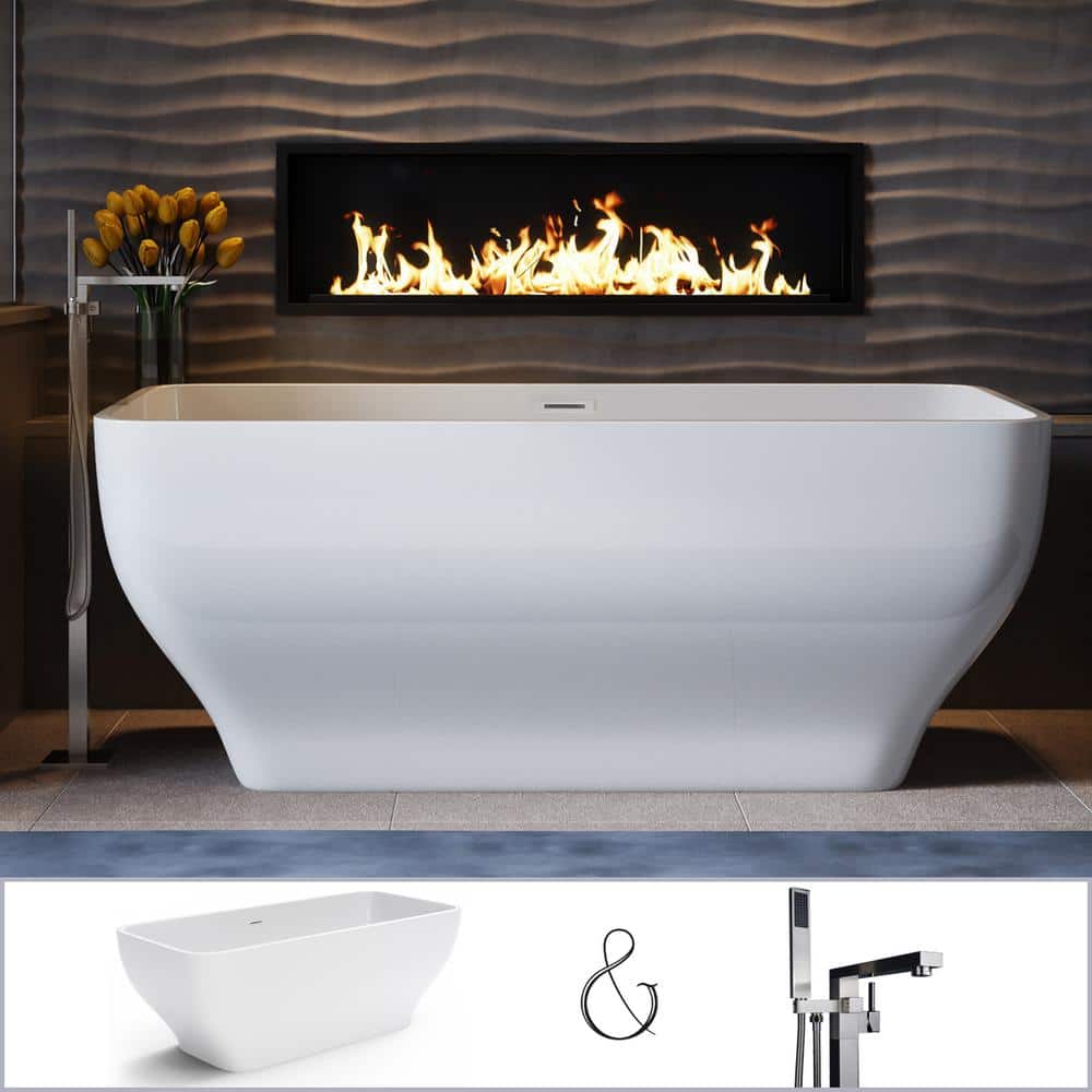 PELHAM & WHITE Oxford 67 in. Acrylic Curvy Rectangle Freestanding Bathtub in White, Floor-Mount Square-Post Faucet in Brushed Nickel, BN -  PW9427078-BN