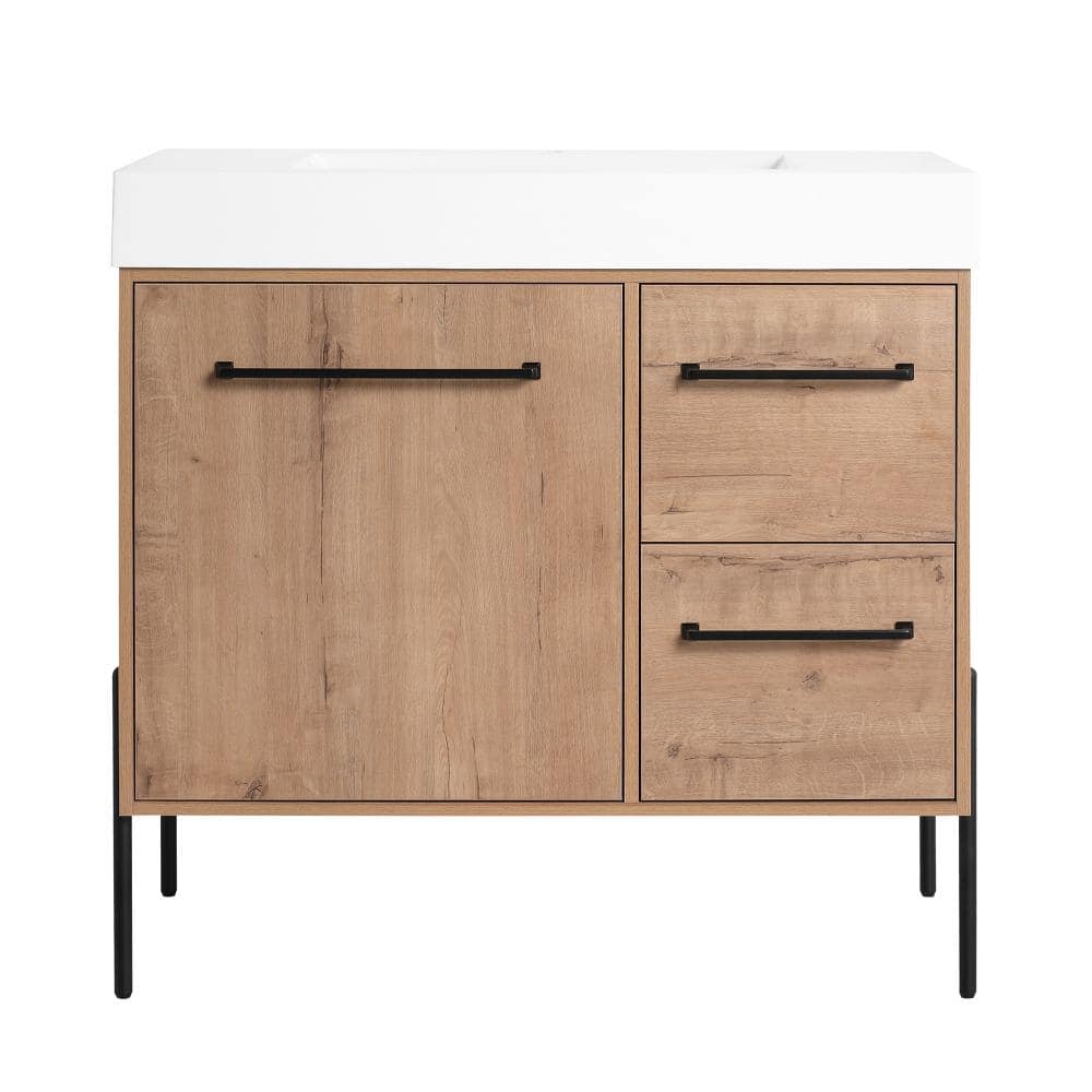 35.44 in. Single Sink Freestanding Imitative Oak Bath Vanity with White Resin Top Unassembled price history on PriceWatchPro