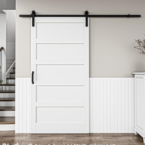 42 in. x 84 in. Paneled 5-Lites White MDF with PVC Finished Sliding Barn Door Slab with Hardware Kit and Soft Close
