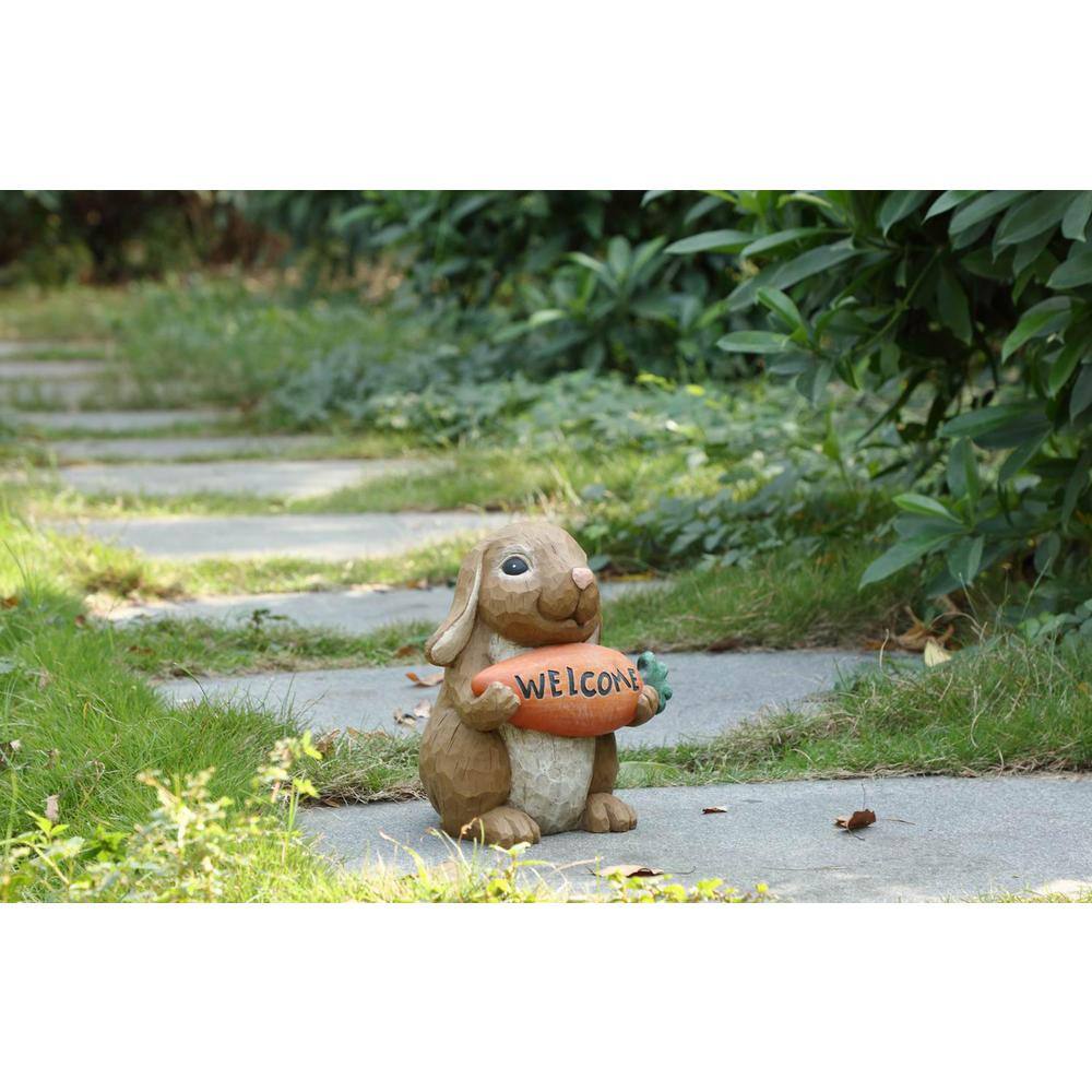 Brown Polyresin Rabbit Holding Carrot Welcome Sign Statue