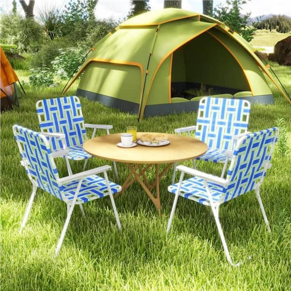 HONEY JOY Blue Metal Webbed Lawn Chairs Outdoor Patio Folding