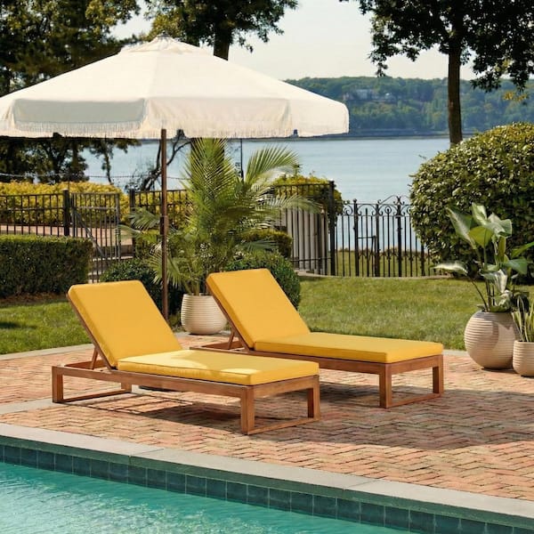 Solano Natural Brown 1-Piece Wood Outdoor Chaise Lounge Chair with Yellow Cushion