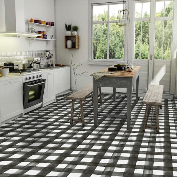 Retro 12 in. W x 12 in. L Watercolor Check Smoke/White Peel and Stick Vinyl Tile Flooring (20 sq. ft./case)