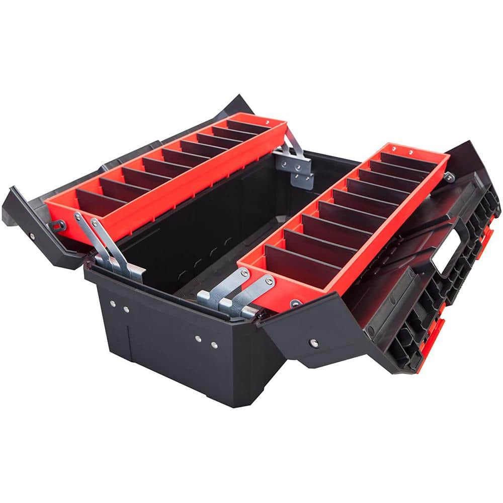 Big Red AZ500R Torin Double Folding Multi-function Portable Plastic Storage Tool Box with Removable Sheets, Organizer Tray and Clear Lid - Black/Red