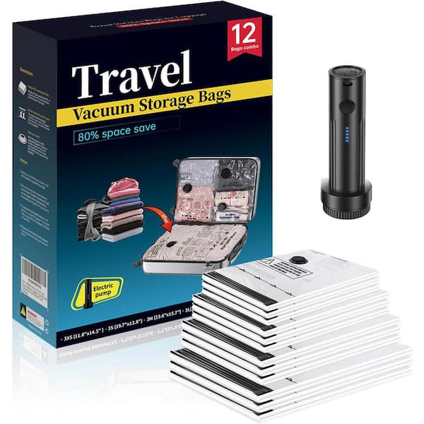 Clear 12 PCS Travel Luggage Compression Vacuum Seal Bags with Portable Pump for Cruise and Travel