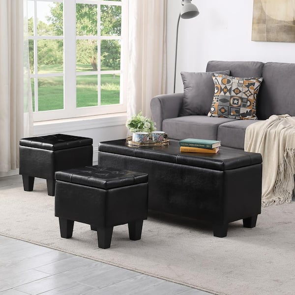 CSC DECOR INC 3Pcs Black Leather Fabric Large Storage Ottoman