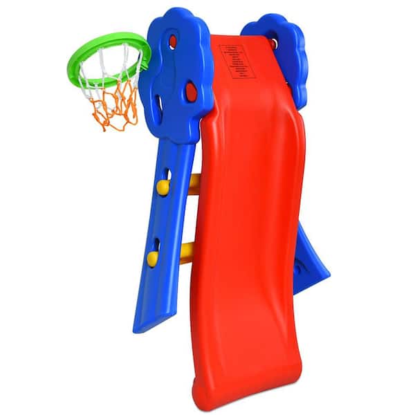 3.54 ft Multicolor Children Kids Toddlers Folding Slide with Basketball Hoop