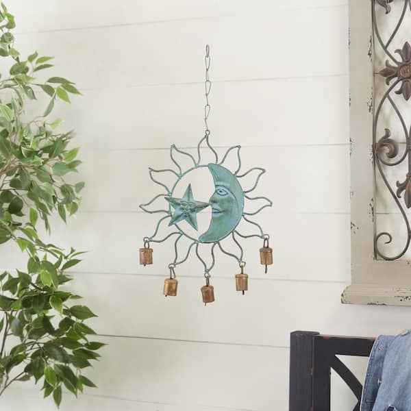 Litton Lane 13 in. Teal Metal Sun and Moon Windchime with Bells
