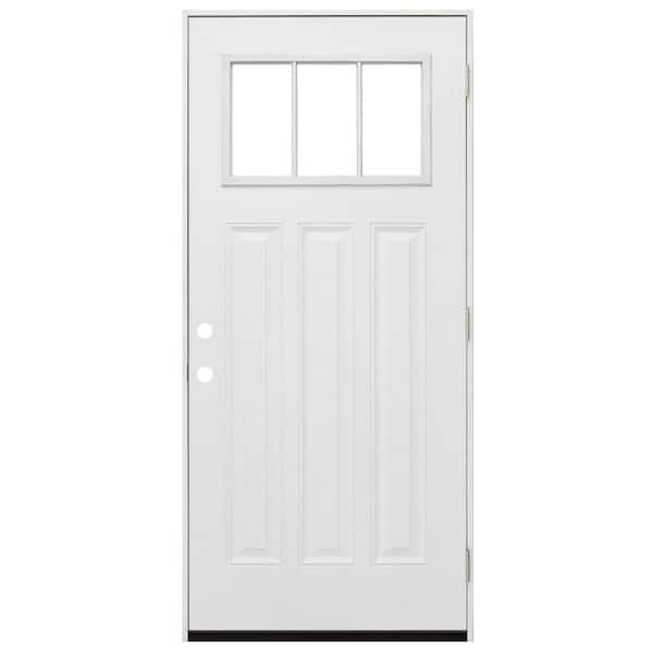 Steves & Sons 36 in. x 80 in. Reliant Series Craftsman Right-Hand Inswing 3-Lite Clear White Primed Fiberglass Prehung Front Door
