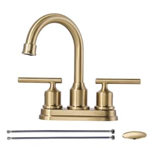 4 in. Centerset Double Handle High Arc Bathroom Faucet with Lift Rod Drain Assembly in Brushed Gold