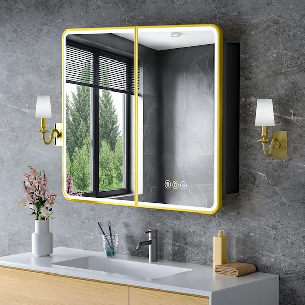 HBEZON 32 in. W x 30 in. H Rectangular Iron Recessed/Surface Mount Medicine Cabinet with Mirror, Anti-Fog, Memory, Gold