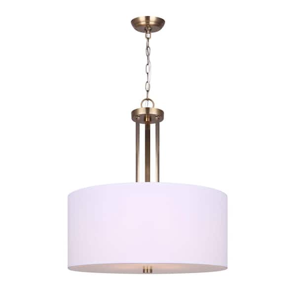 CANARM River 3-Light Gold Chandelier with White Fabric Shade and Frosted Glass Diffuser