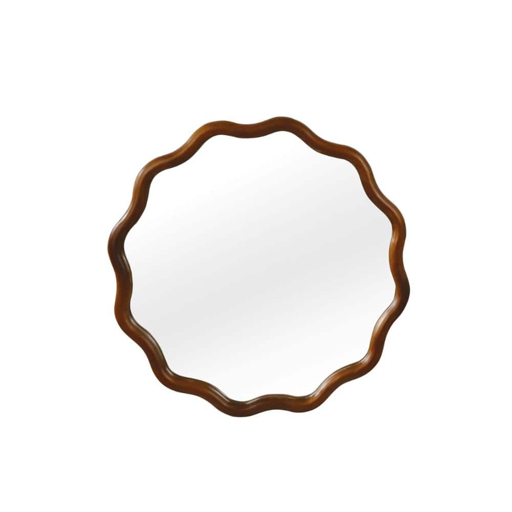24 In. W x 24 In. H Dark Wood Wavy Round Wall-mounted Decorative Mirror Solid Wood Frame