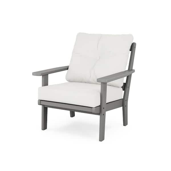 POLYWOOD Oxford Plastic Outdoor Deep Seating Chair in Slate Grey with Natural Linen Cushion