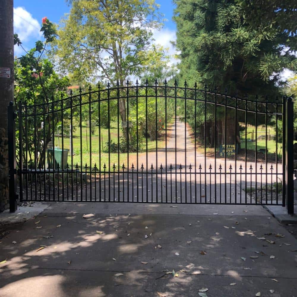 Prague Style Black Steel Arched Driveway Gate with Pedestrian Gate