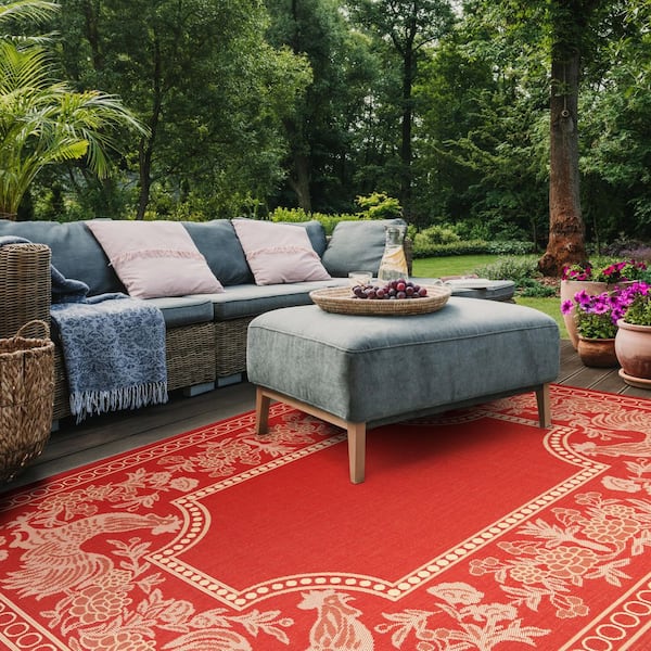 Courtyard Red/Natural 8 ft. x 11 ft. Border Indoor/Outdoor Patio  Area Rug