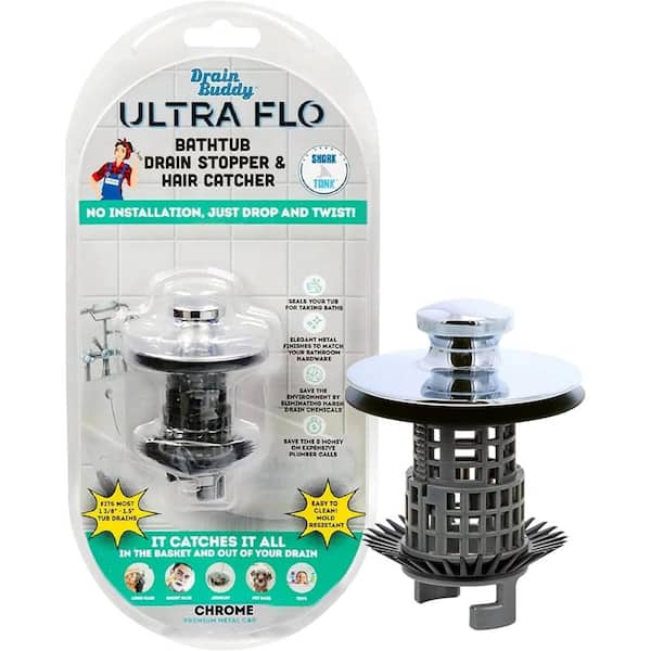 DRAIN BUDDY Ultra Flo Tub Drain Stopper and Hair Catcher - Anti-Clogging, Chrome Metal