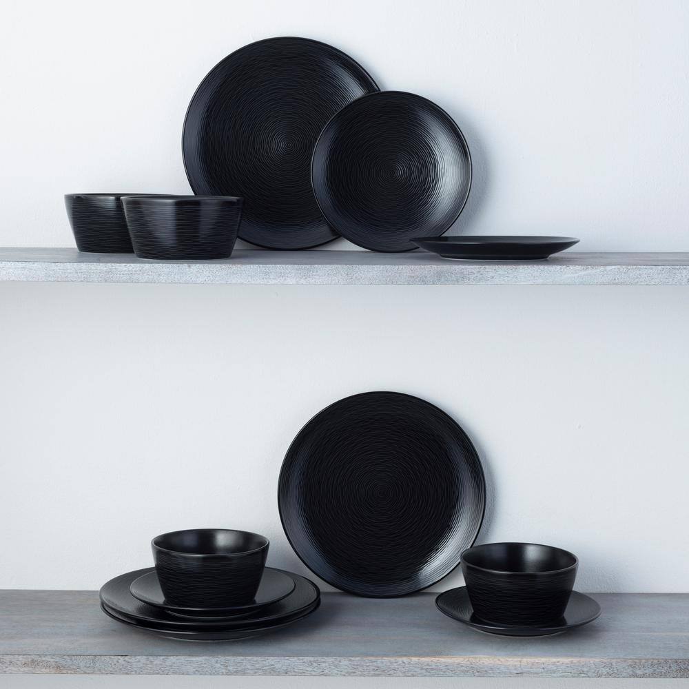 Black Porcelain 12-Piece Swirl Coupe Dinnerware Set