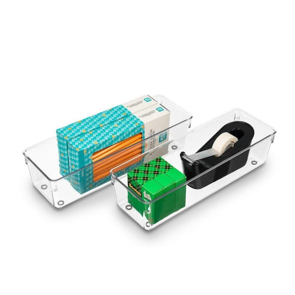 Drawer Organizer and Storage, Clear Rectangle Plastic 12 in. Decorative Tray (Set of 2), Durable, Long Storage Trays