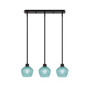 Albany 60-Watt 3-Light Espresso Linear Pendant Light with Turquoise Textured Glass Shades and No Bulbs Included