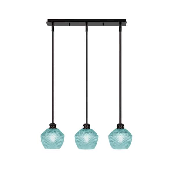 Unbranded Albany 60-Watt 3-Light Espresso Linear Pendant Light with Turquoise Textured Glass Shades and No Bulbs Included