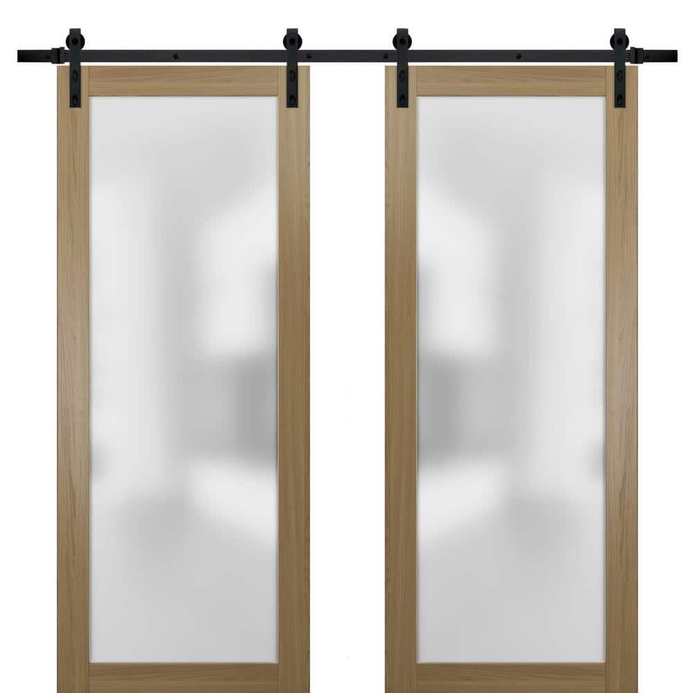 Assemble Required 24 in. x 96 in. 2-Panel Frosted Glass Honey Ash Solid Wood Sliding Barn Door with Hardware Kit price history on PriceWatchPro