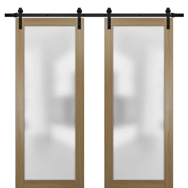 Sartodoors 28 in. x 80 in. 2 Panel Frosted Glass Honey Ash Solid Wood Sliding Barn Door with Hardware Kit