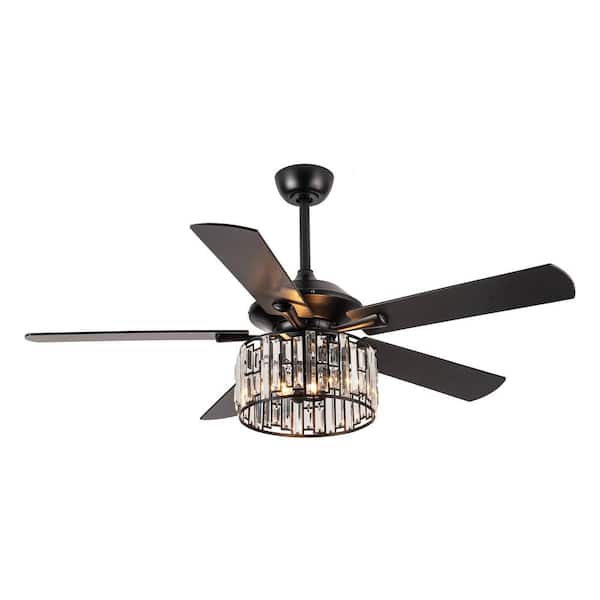 Parrot Uncle Dicken 52 in. Modern Indoor 5-Blade Downrod Mount Black Crystal Ceiling Fan with Remote Control and Light Kit