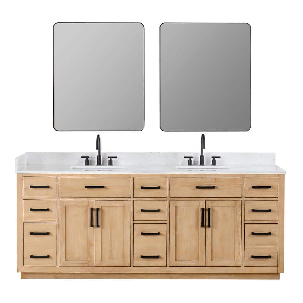 Gavino 84" Light Brown Double Vanity with White Stone Countertop and Mirror